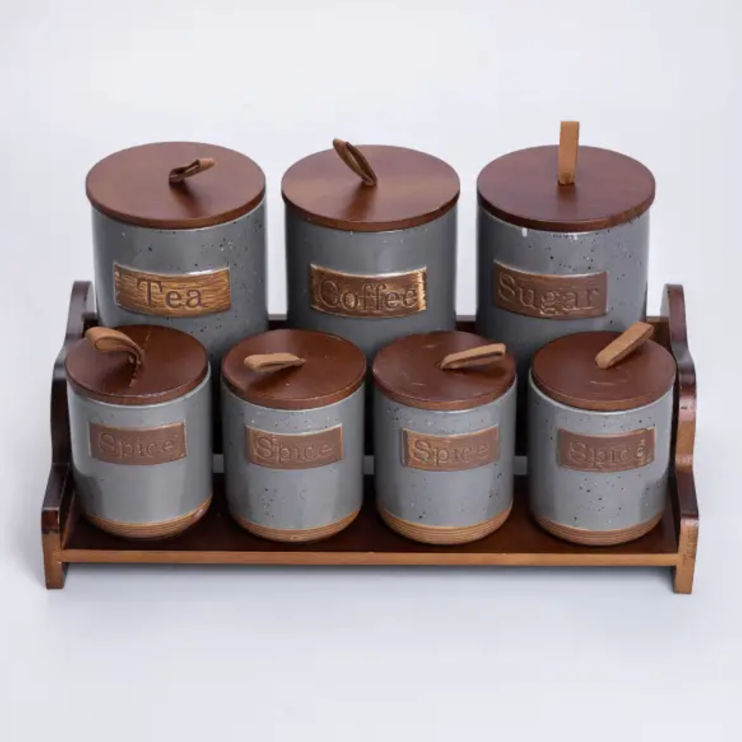 Набор банок для сыпучих продуктов на бамбуковой подставке по 300/800 мл 7 шт. Серый Набор банок для сыпучих продуктов на бамбуковой подставке по 300/800 мл 7 шт. Серый