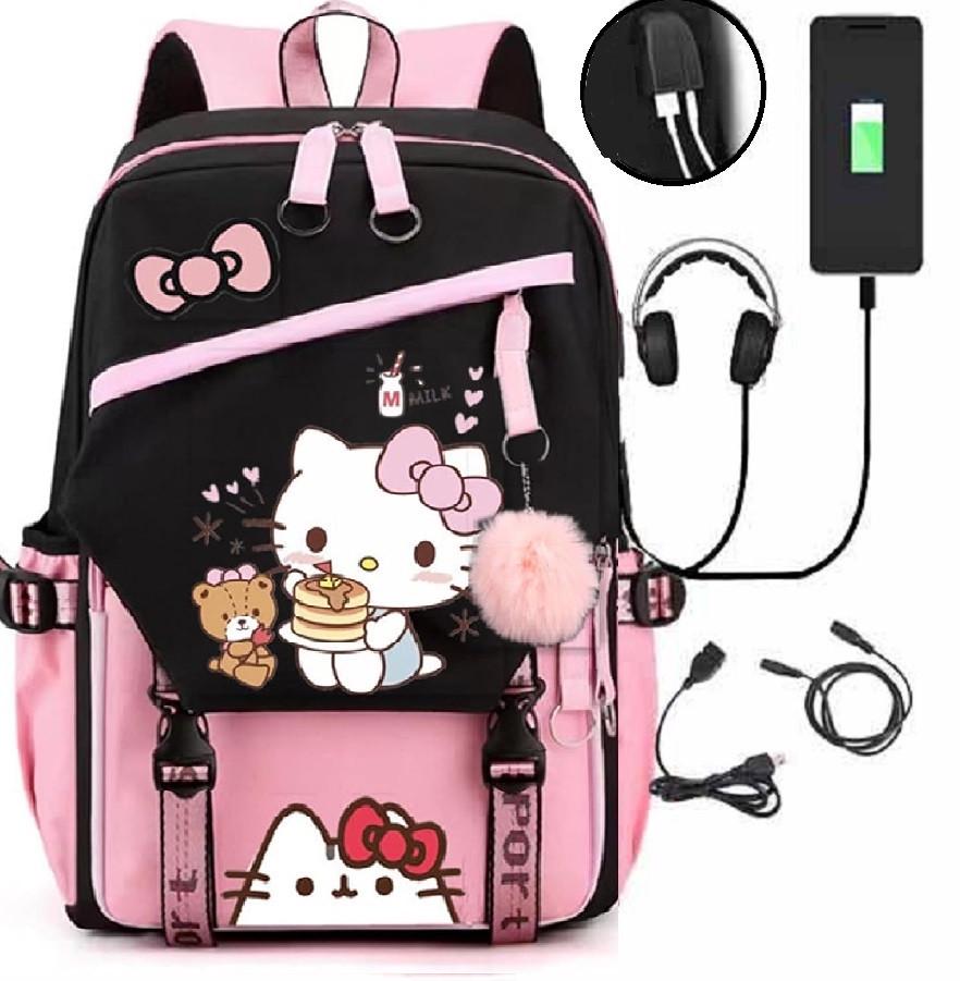 Шкільний підлітковий рюкзак з USB і хутряним помпоном для дівчинки Kitty (1913459260) - фото 2 Шкільний підлітковий рюкзак з USB і хутряним помпоном для дівчинки Kitty (1913459260) - фото 2