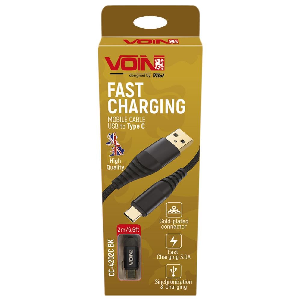 Кабель Voin CC-4202C BK USB-Type C 3А швидка зарядка/передача даних 2 м Black (CC-4202C BK)