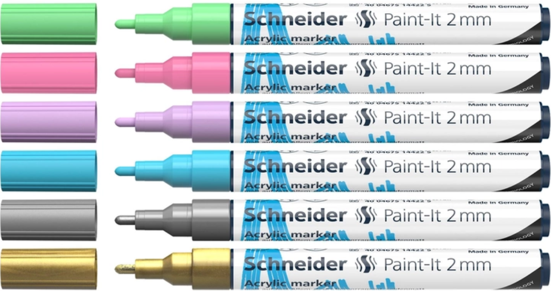 Маркер акриловий для декоративних і художніх робіт Schneider Paint-it Wallet Set2 6 кольорів 2 мм - фото 2 Маркер акриловий для декоративних і художніх робіт Schneider Paint-it Wallet Set2 6 кольорів 2 мм - фото 2