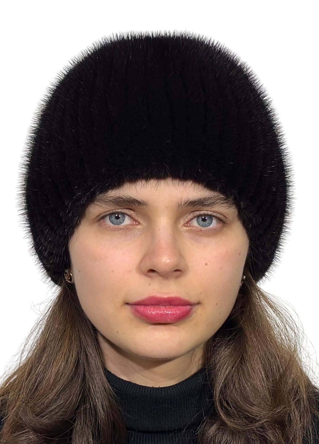 Зимняя шапка из вязаной норки Меховой стиль Листок натуральный мех M-L Темно-коричневый (111/Е)