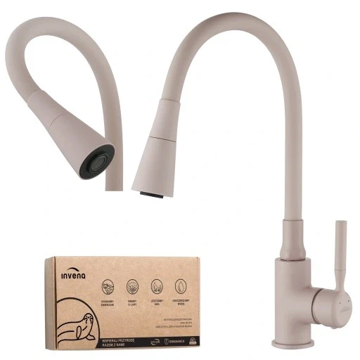 Смеситель для мойки кухонный Invena Pogo Plus 2-функциональный с эластичным носиком Бежевый (2697549892) - фото 2 Смеситель для мойки кухонный Invena Pogo Plus 2-функциональный с эластичным носиком Бежевый (2697549892) - фото 2