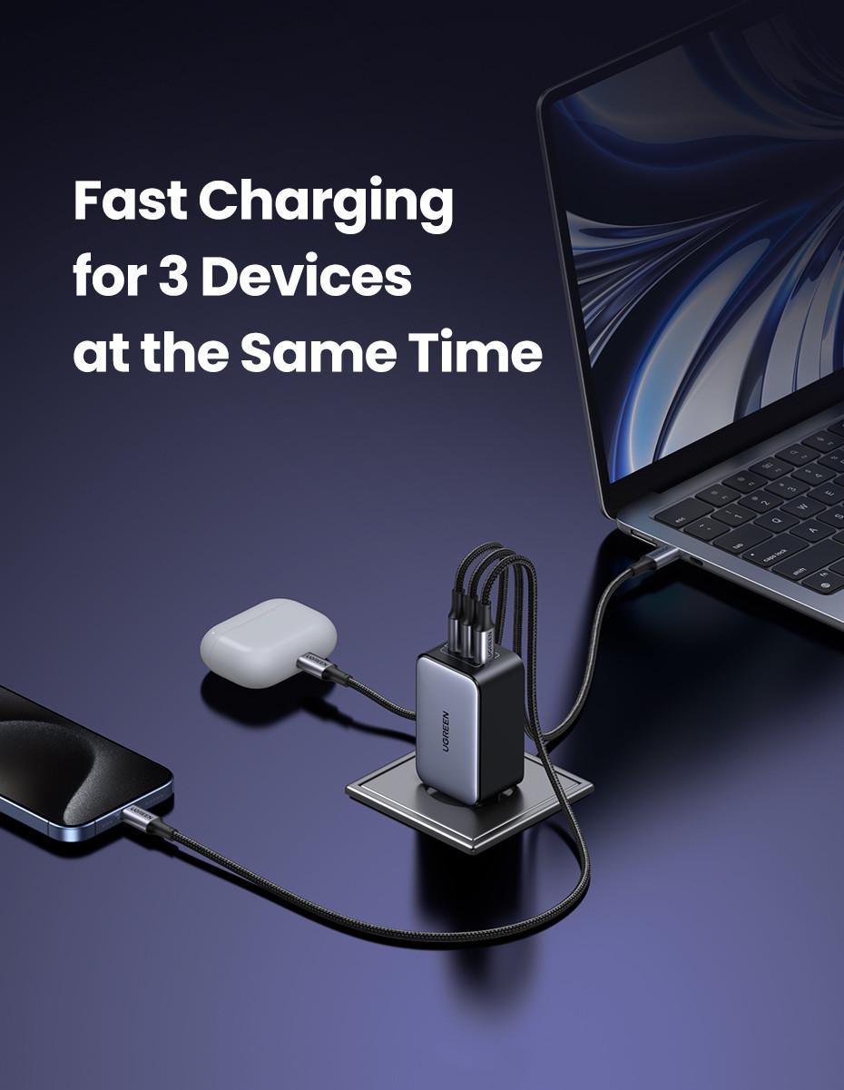 Зарядний пристрій мережевий UGREEN 65W GaN Fast Charger 3-Port Type-C (25397382) - фото 3