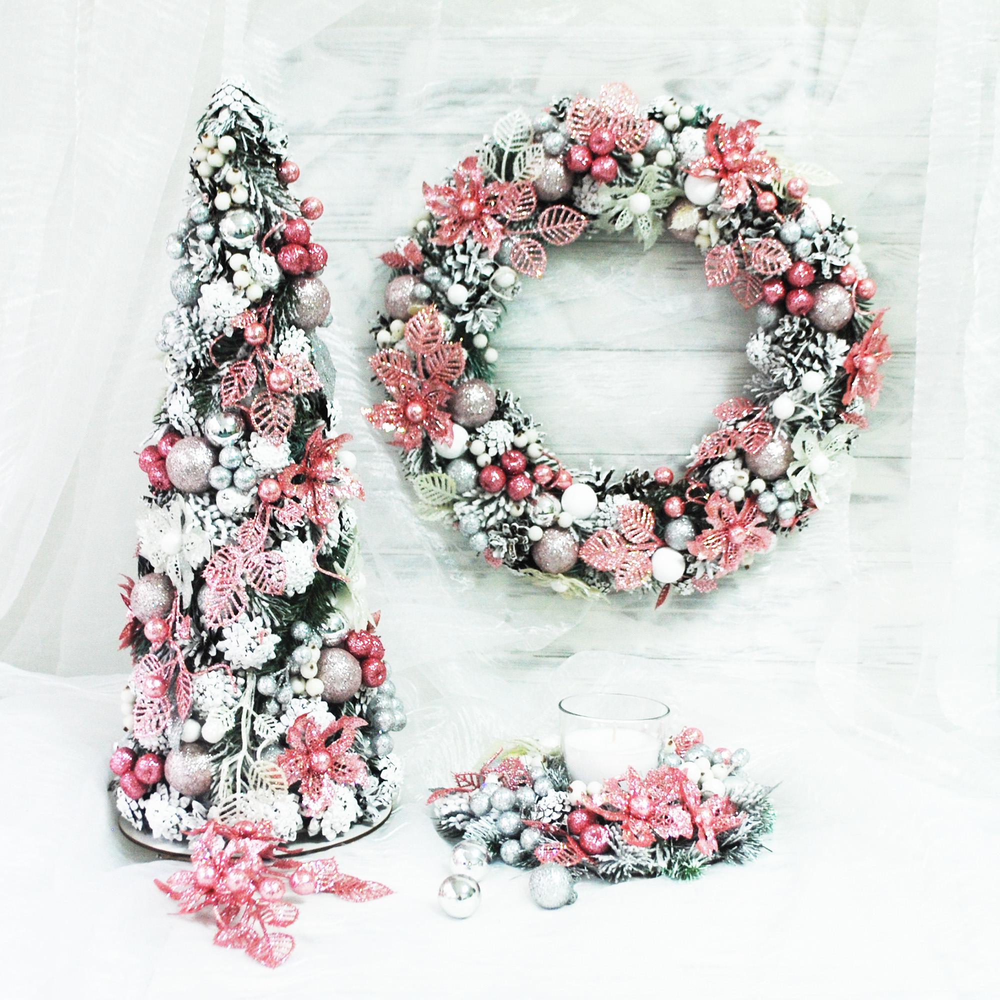Набор новогодней елки и венок с подсвечником Розовый/Белый/Серебряный (4939002)