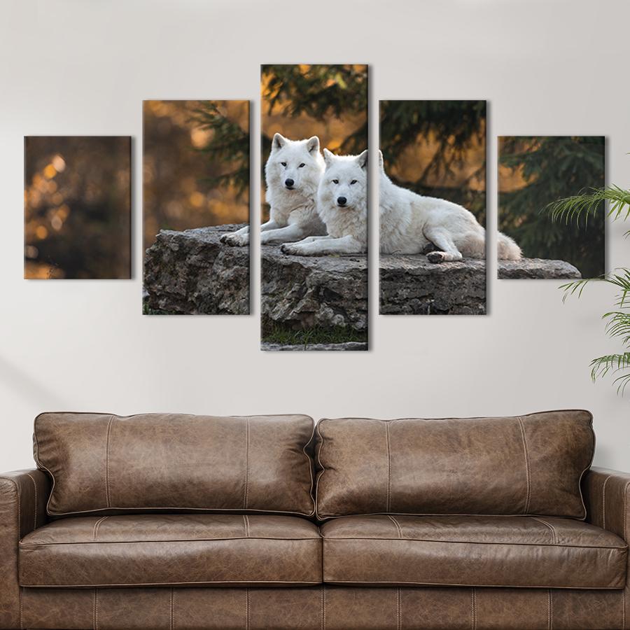 Модульная картина из 5 частей на холсте интерьерная картина Белые северные волки 162x80 см (179-52)
