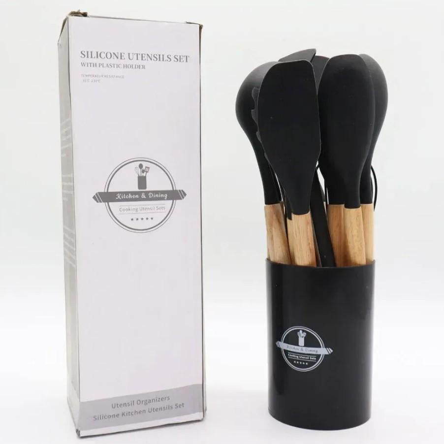 Набор кухонных принадлежностей Kitchen Set из 12 силиконово-деревянных предметов в подставке Черный (124) Набор кухонных принадлежностей Kitchen Set из 12 силиконово-деревянных предметов в подставке Черный (124)