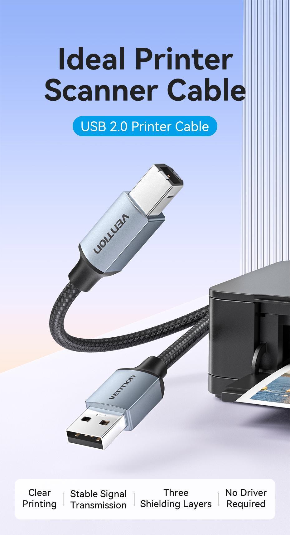 Кабель для принтера Vention USB-USB Type-B 2.0 480 Мбіт/с 2A USB-A на USB-B нейлонове обплетення 8 м Чорний (CTTHK) - фото 2