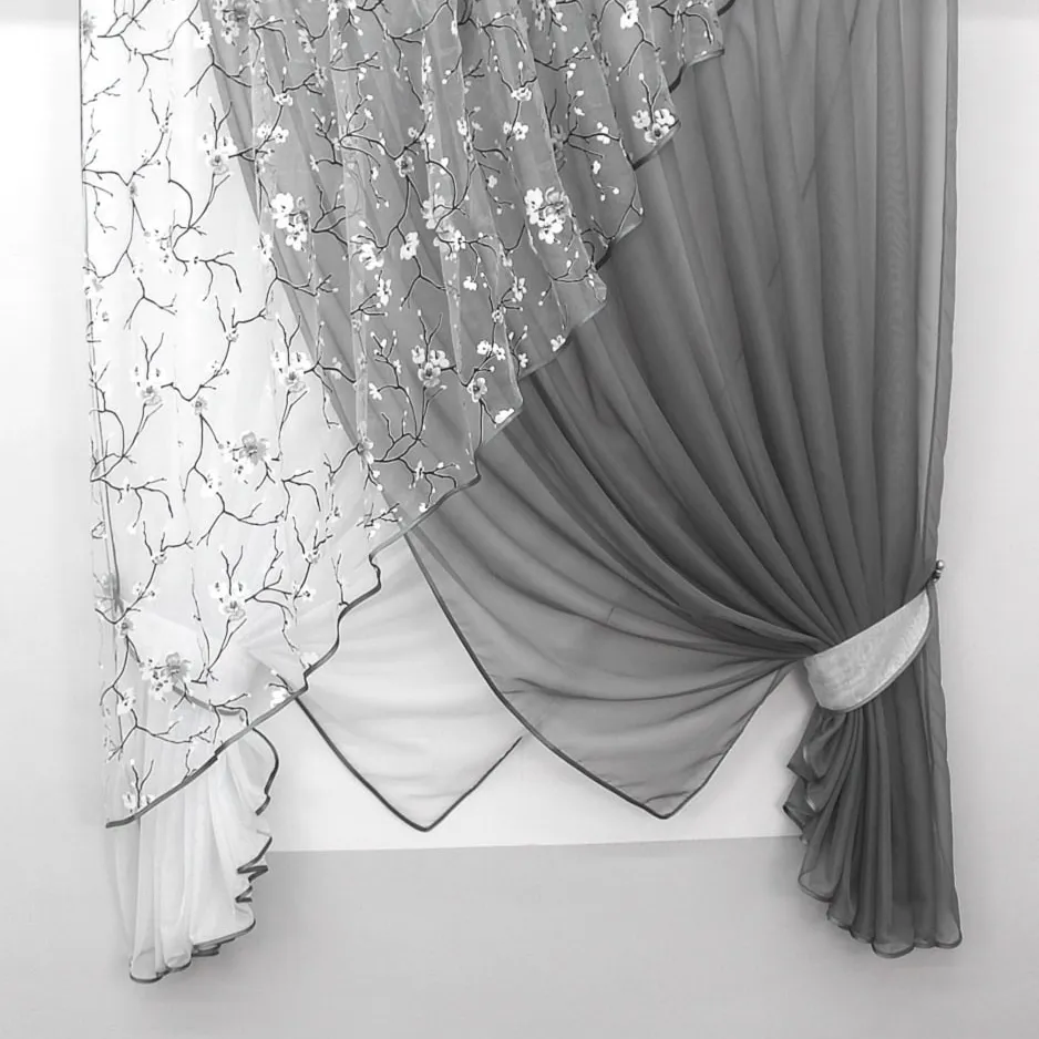 Кухонный комплект штор Сакура с подвязками 300х170 см Серый/Белый (063к)