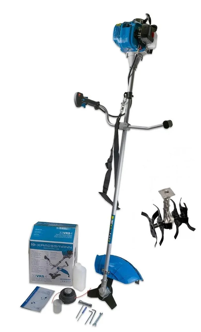 Бензокоса KRAISSMANN 33 VRS 4 Pro с насадкой культиватором четырехтактный мотор/ремень ножи 3Т-катушка с леской (34110772)