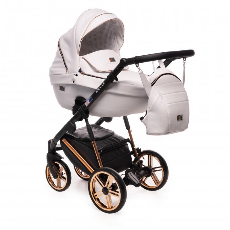 Коляска Broco Miracle универсальная 2в1 с золотистым шасси дождевиком и рюкзаком для родителей Белый