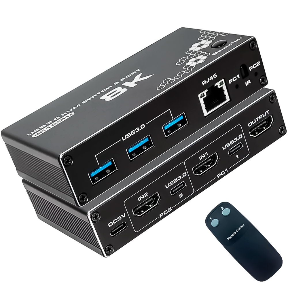 Свитч на 2 компьютера 8K HDMI KVM Addap KVMS-03 /USB 3.0 переключатель на 2 порта RJ45 Ethernet 8K 30Hz 4K 120Hz