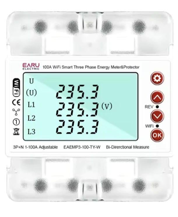 Лічильник 3-х фазний Tuya/Smart Life Wifi EARU з монохромним LCD екраном та захисними функціями до 80 А