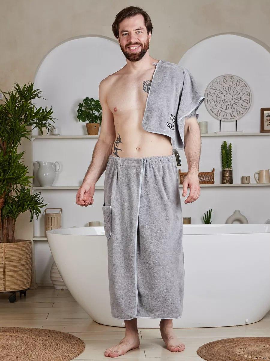 Банный комплект мужской с карманом Серый (П4К-novo-m-sauna-0045)