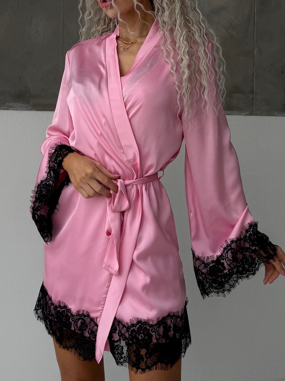 Халат женский шелковый с кружевом Розовый (2533884028) - фото 2 Халат женский шелковый с кружевом Розовый (2533884028) - фото 2