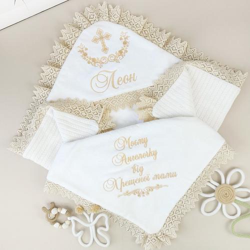 Крыжма махровая с вышивкой Family Tradition Розы Крещения утепленная для мальчика 100х100 см Белый (50144)