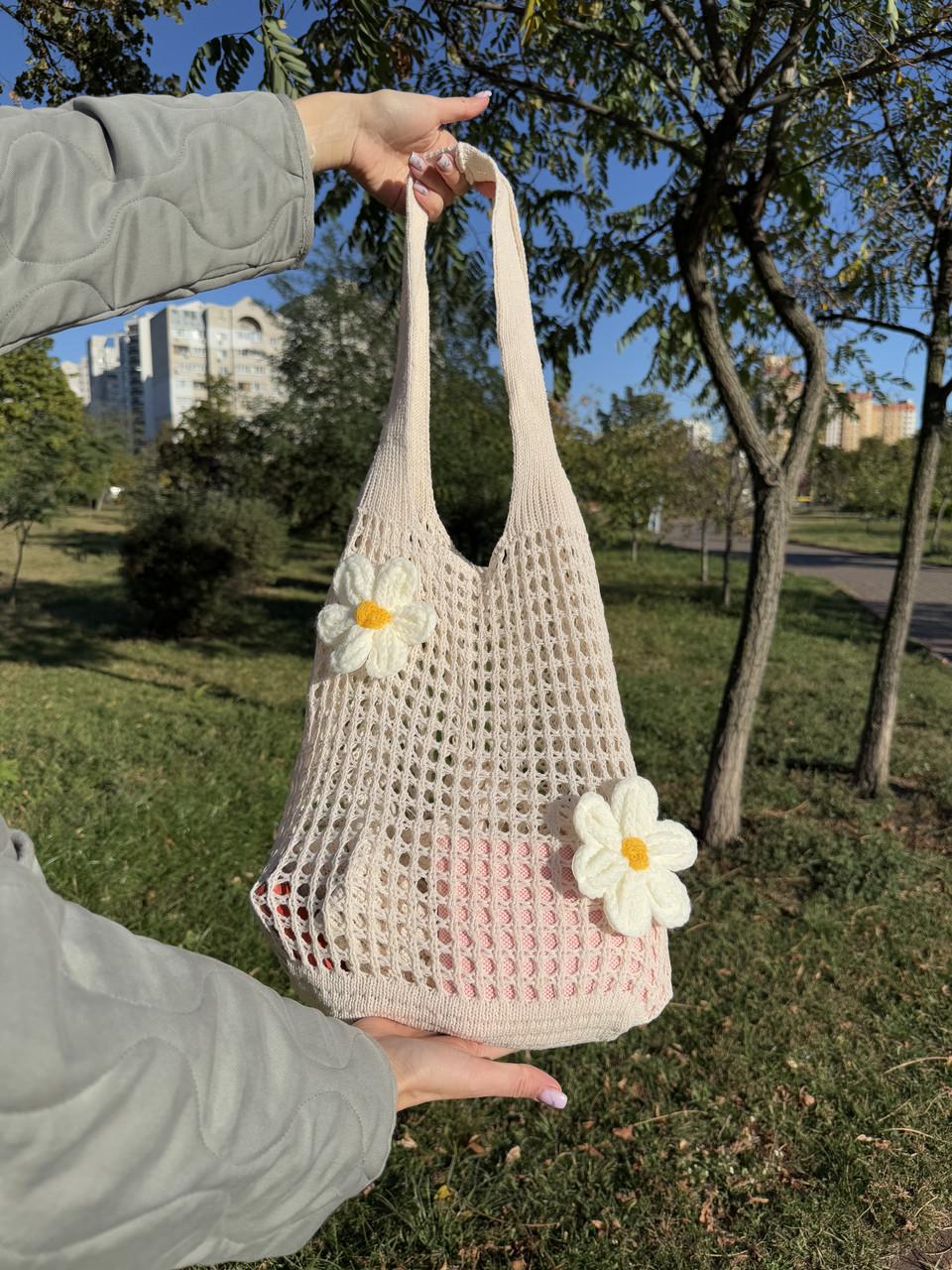 Сумка-шопер женская Авоська ручной работы плетеная с вязаными цветами Бежевый (0316) Сумка-шопер женская Авоська ручной работы плетеная с вязаными цветами Бежевый (0316)