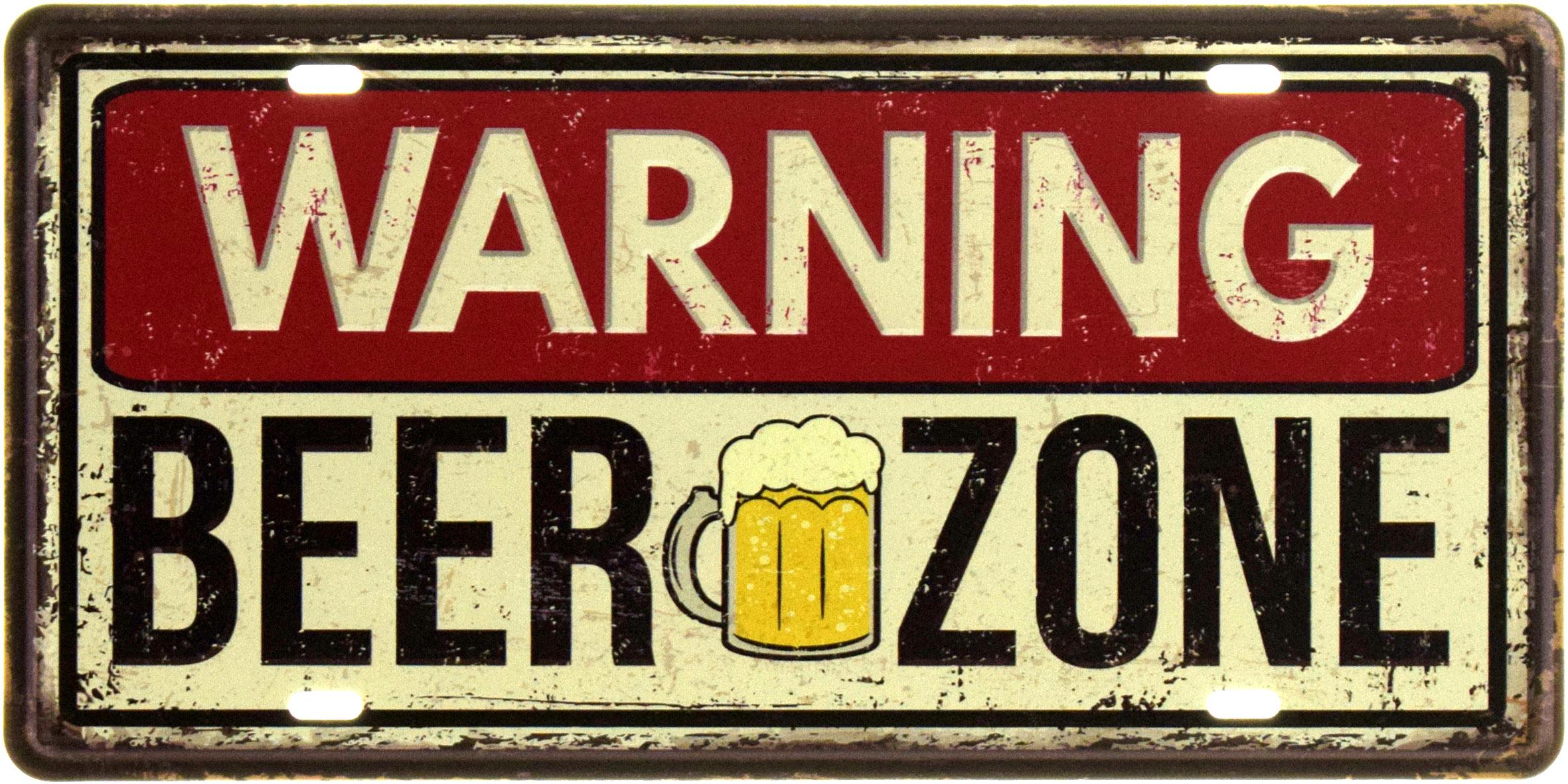 Табличка металлическая "Warning Beer Zone" 15x30 см (ms-104627)