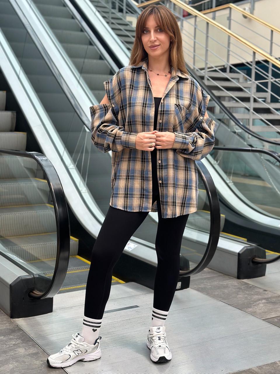 Рубашка женская в клетку со съемными рукавами L/XL Голубой/Капучино (2703826987)