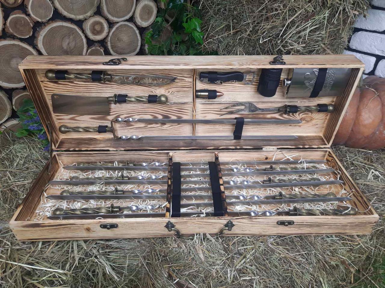 Набор шампуров с кованной ручкой Викинг двойной шампур в деревянном кейсе 700х12х3 мм 8 шт. (12335464)