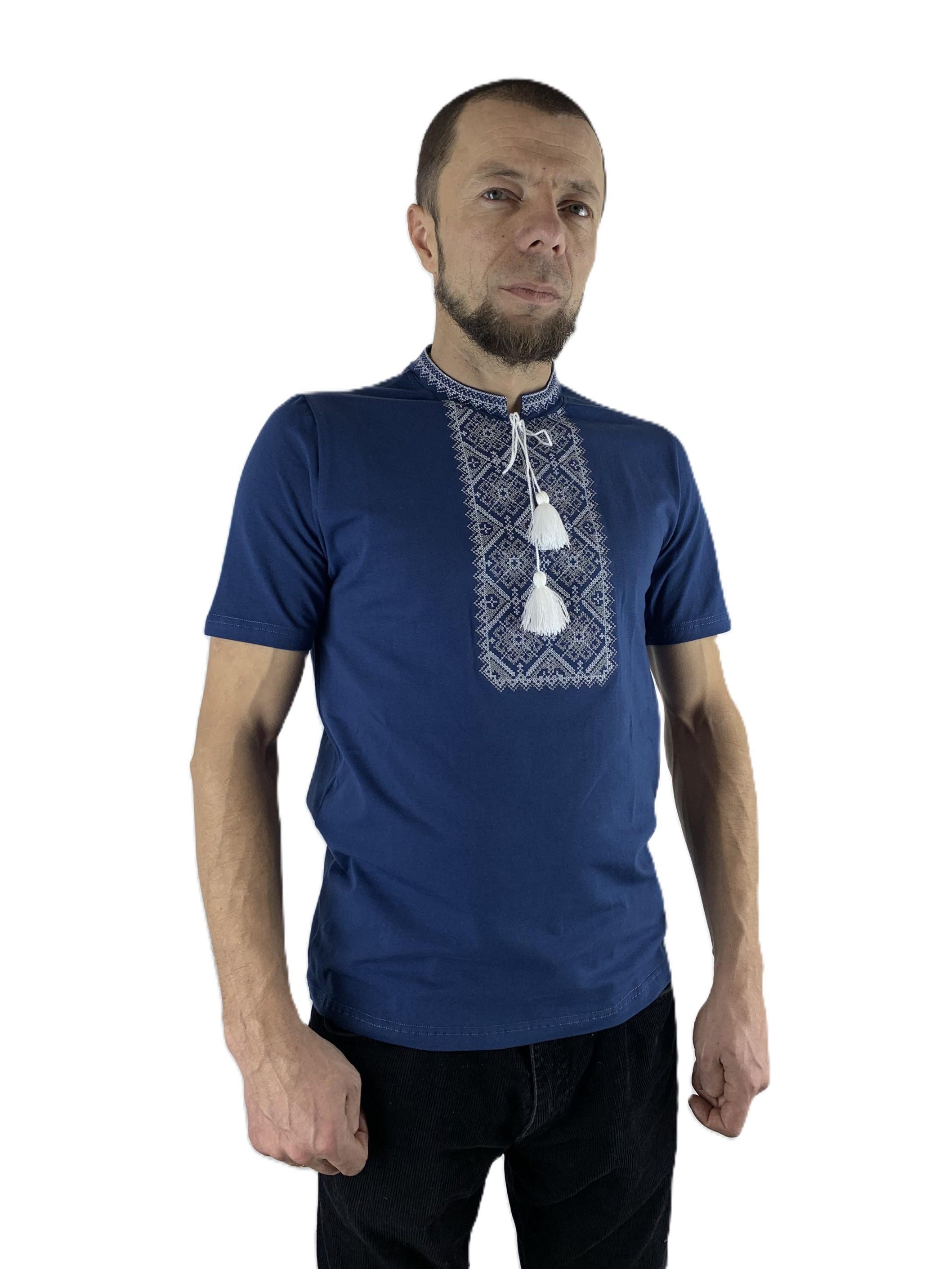 Вышиванка-футболка мужская с серым орнаментом L Синий (4431/L) - фото 3 Вышиванка-футболка мужская с серым орнаментом L Синий (4431/L) - фото 3