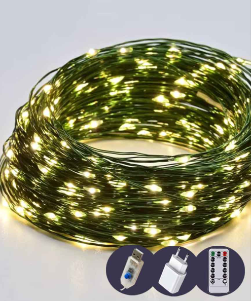 Гирлянда Роса 300 LED 30 м с зеленым проводом/реле 8 режимов/USB и пульт Теплый белый (FFJ00133)