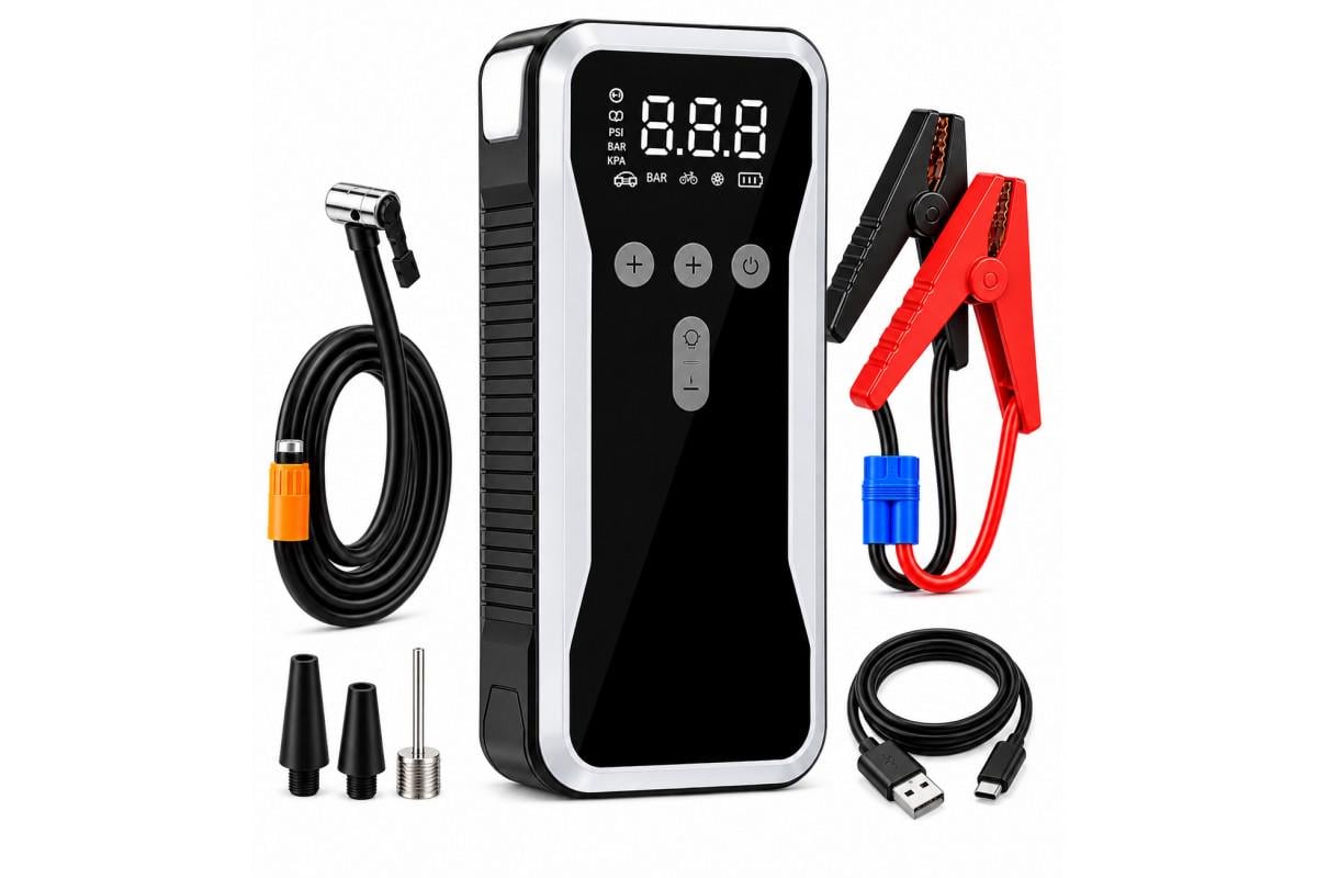 Пуско-зарядний пристрій автомобільний з компресором 12 В Power Bank LED SOS