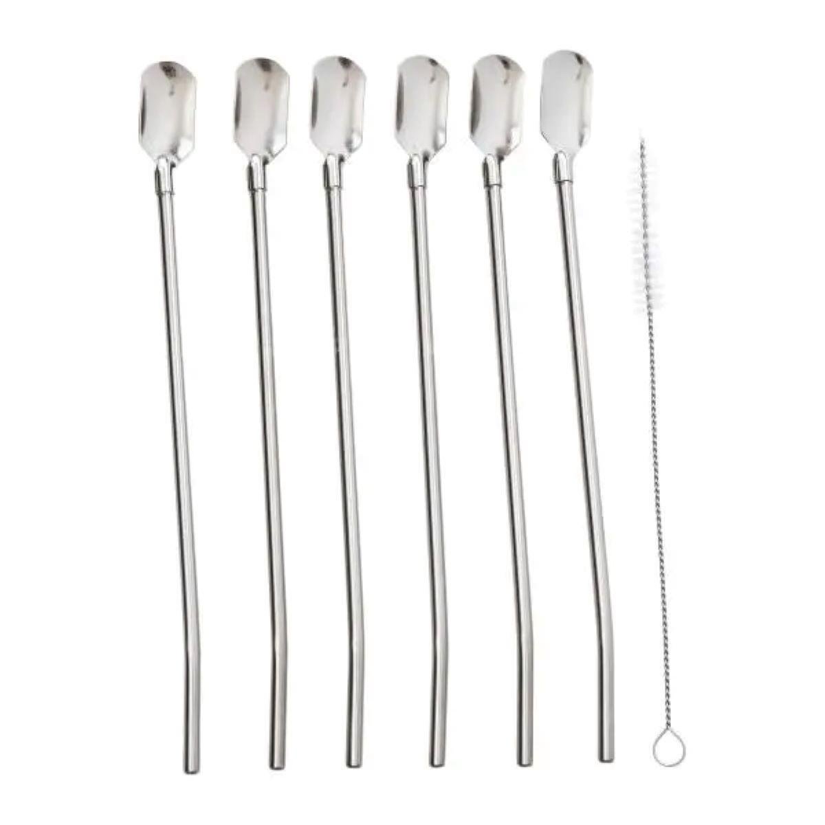 Набор многоразовых ложек-трубочек для напитков со щеткой для мытья из нержавеющей стали 6 шт. 22 см Серый (HP-20-19)