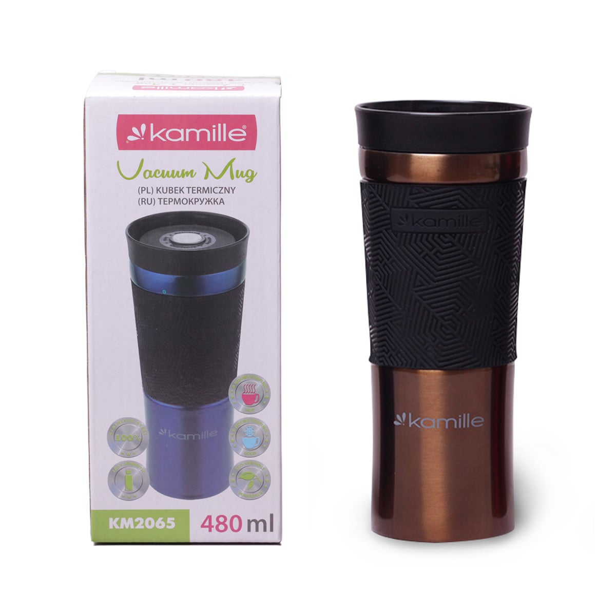 Термокружка Kamille 480 мл з нержавіючої сталі з TPR-вставкою Бронза KM-2065BR