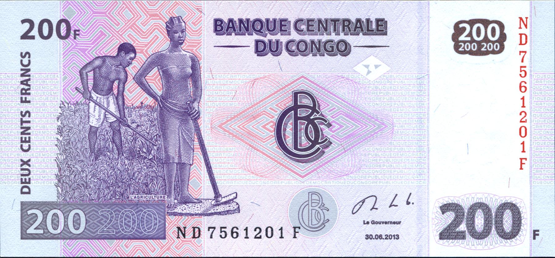 Коллекционная банкнота Конго 2013 200 франков UNC