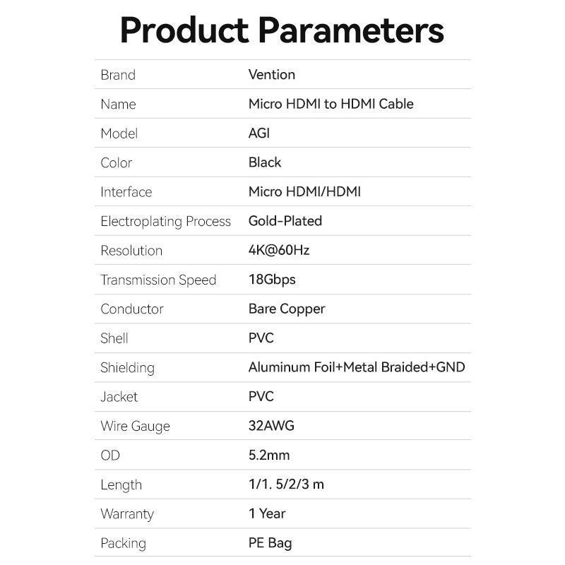 Кабель двонаправлений Vention micro HDMI-HDMI 2.0 4K 60Hz 18 Гбіт/с HDR 3D Dolby 1080P 120Hz HDMI-D на HDMI-A 2 м Чорний (AGIBH) - фото 9