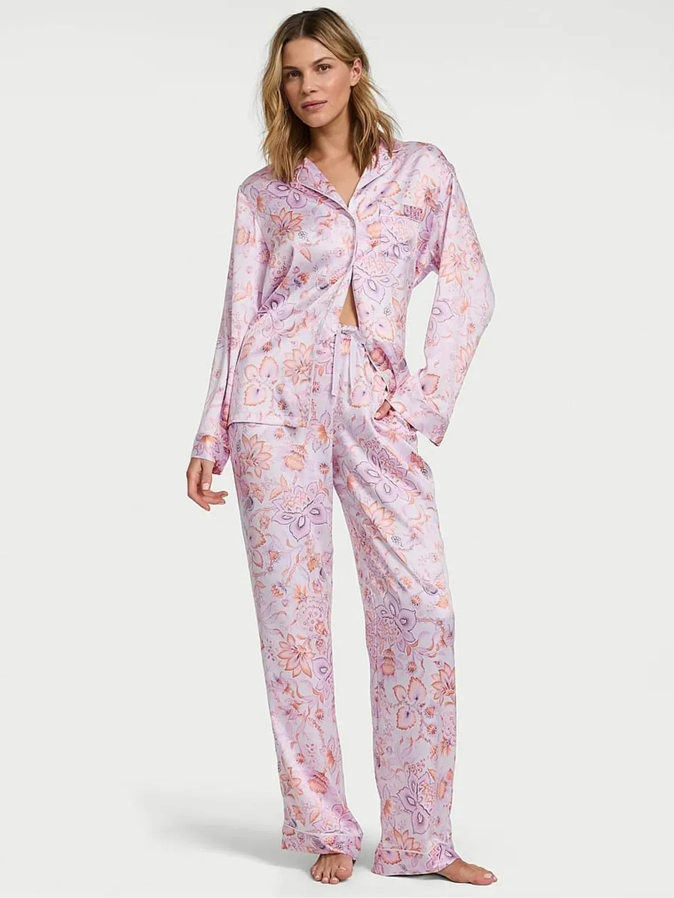 Піжама сатинова Victoria's Secret Purple Floral Satin Long Pyjamas Set Regular L Ліловий (26811562D)