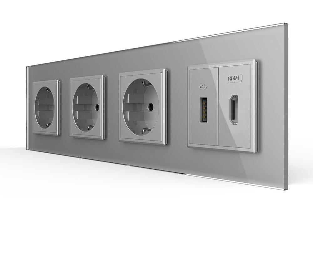 Розетка четырехместная LIVOLO с USB 10Вт интернет портом RJ-45/HDMI настенная дизайнерская стеклянная рамка Серый (VL-C7FCTC16A/FCUA/FCHD-8IP)