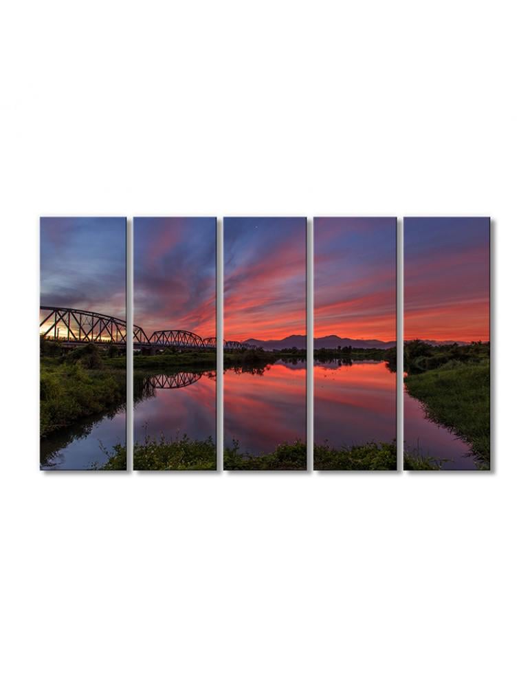 Картина модульная Пейзаж Красный закат мост 5 модулей 80x120 см