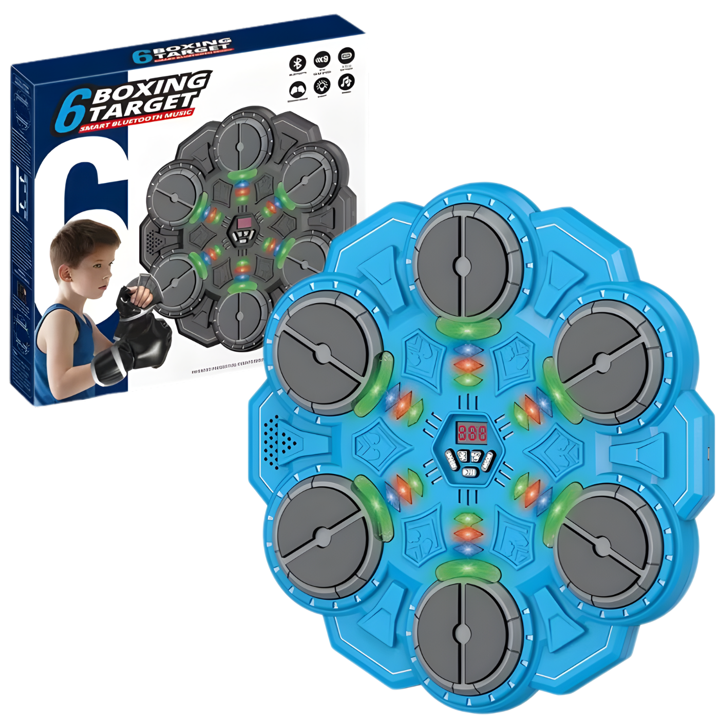 Тренажер для боксу на 6 цілей із рукавичками дитячий інтерактивний акумуляторний музичний з Bluetooth Блакитний