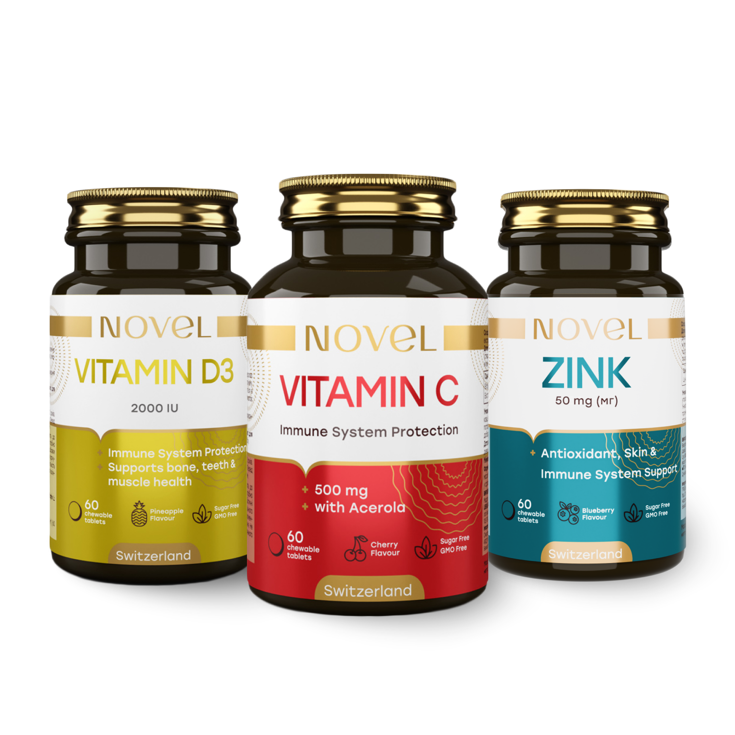 Набір жувальних вітамінів Novel D3 2000 МО №60/вітамін C 500 мг №60/цинк 50 мг №60 (CO004402)