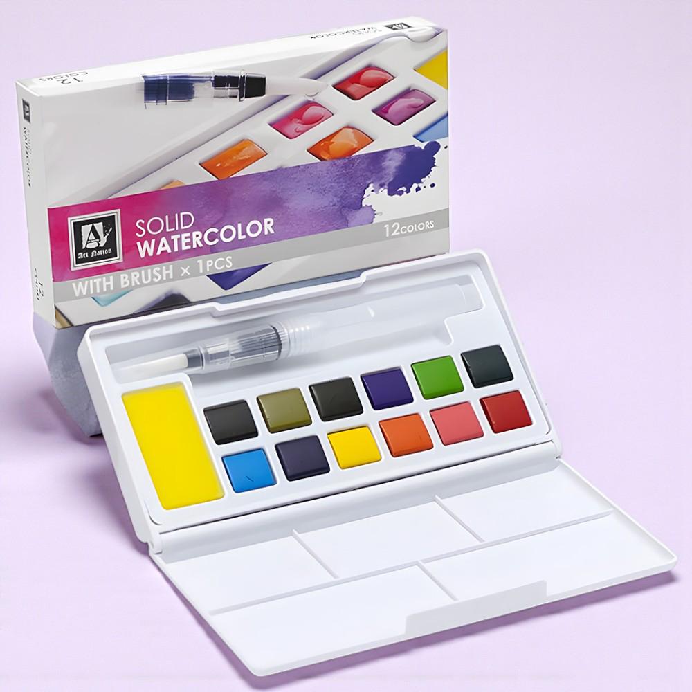 Акварельні фарби художні у кюветах пластикова коробка з пензлем 12 кольорів (37-112022)