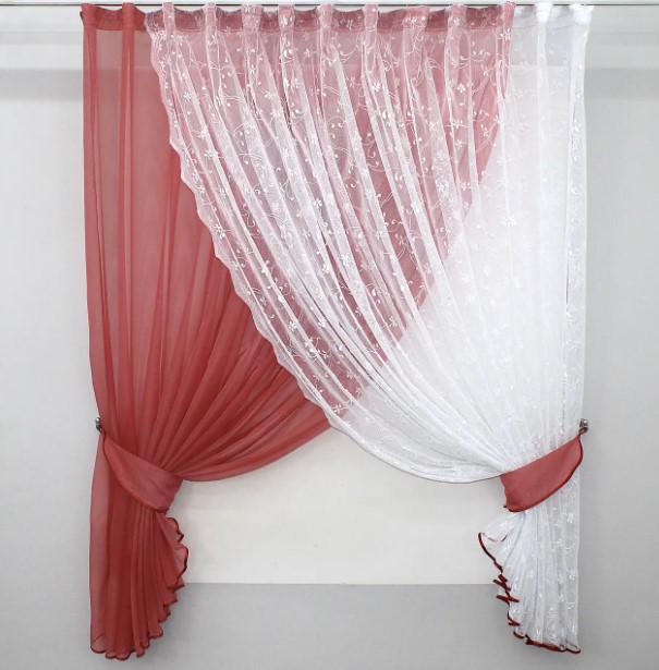 Шторки кухонные шифон/жаккард 330х170 см Коралловый/Белый (101к)