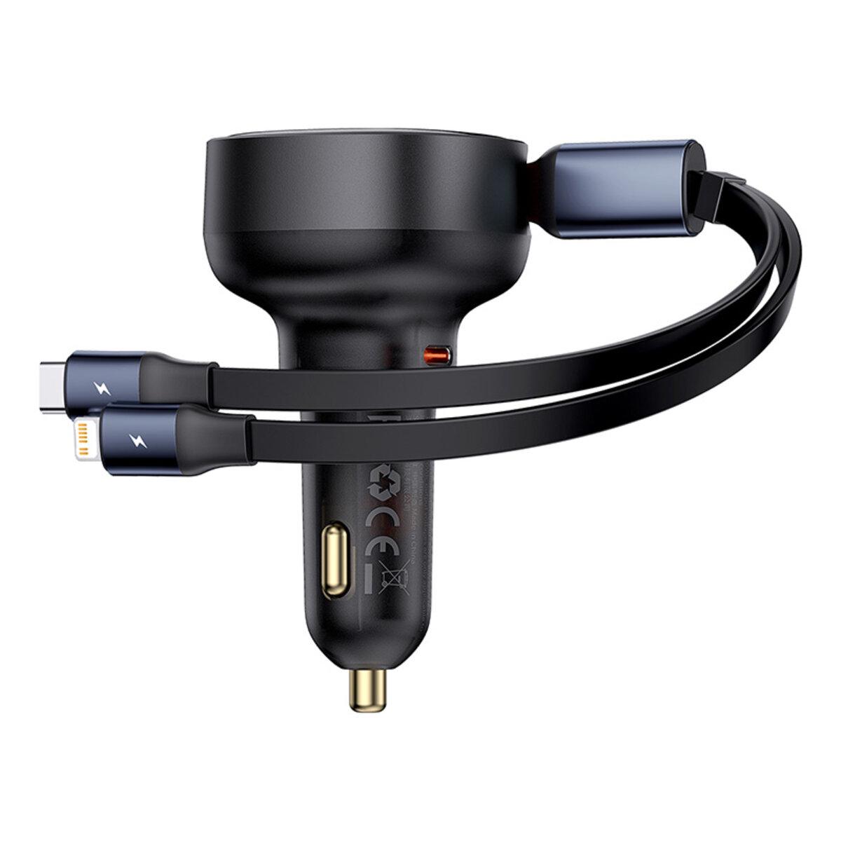 Зарядное устройство автомобильное BASEUS Enjoyment Pro Car Charger C/Retractable C&Lightning Cable 60W Black (C00057802111-00)