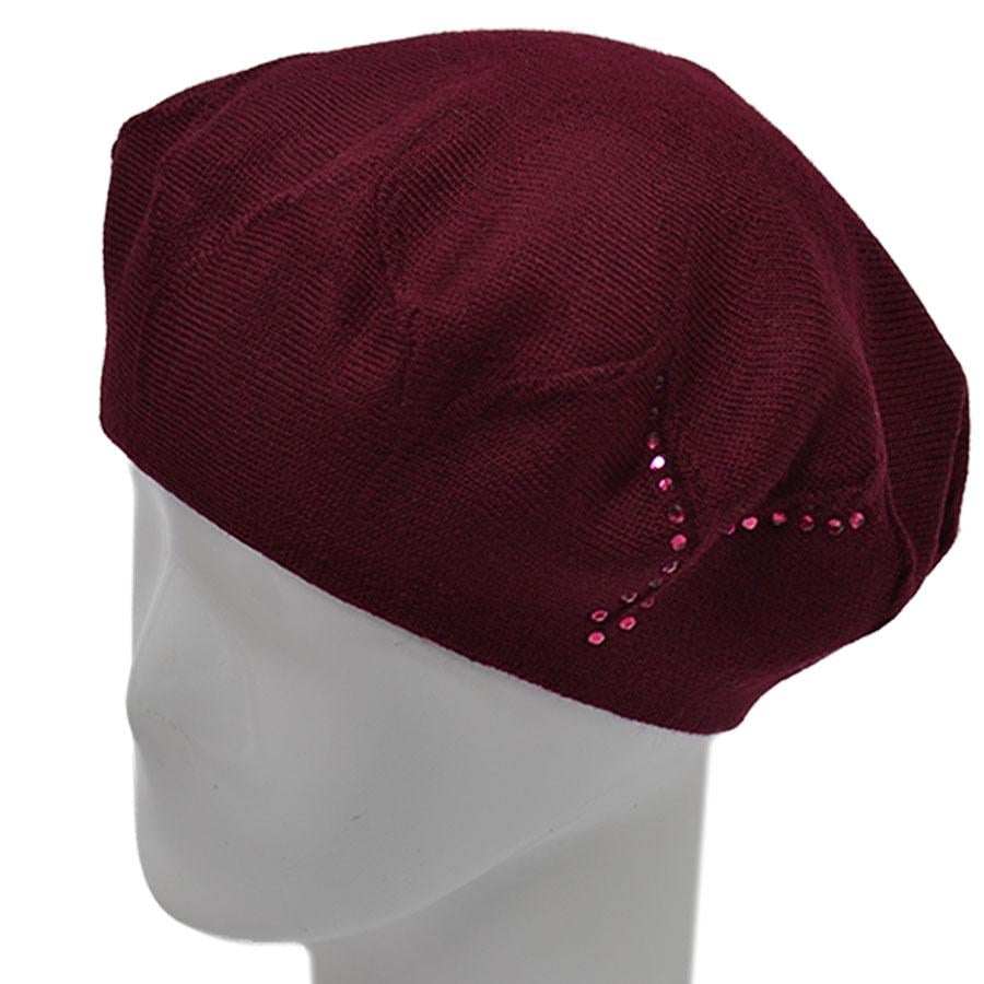 Берет Lirus Ирис двойной из шерсти тонкой вязки сбоку с камнями р. 56-58 Бордовый