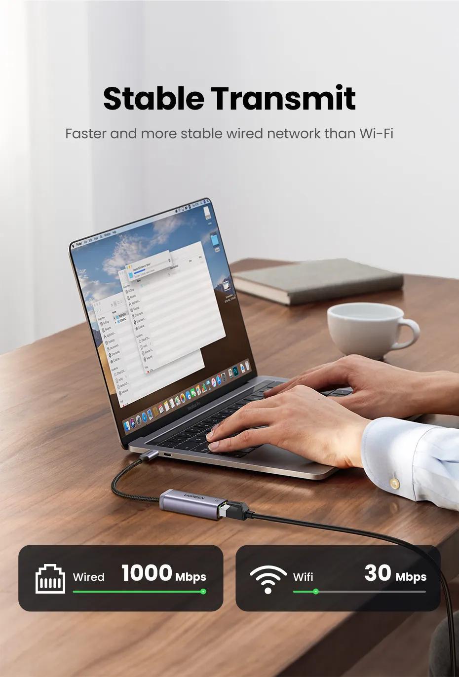 Мережева карта UGREEN Type-C-Ethernet 1 Гбіт/с LAN USB 3.1 Gen 1-RJ45 1000 Мбіт/с металевий Сірий (40322) - фото 4