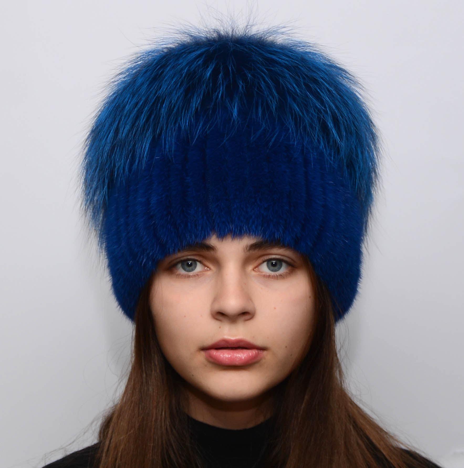 Зимняя шапка Меховой стиль Звездочка из вязаной норки натуральный мех M-L Электрик (100/L)