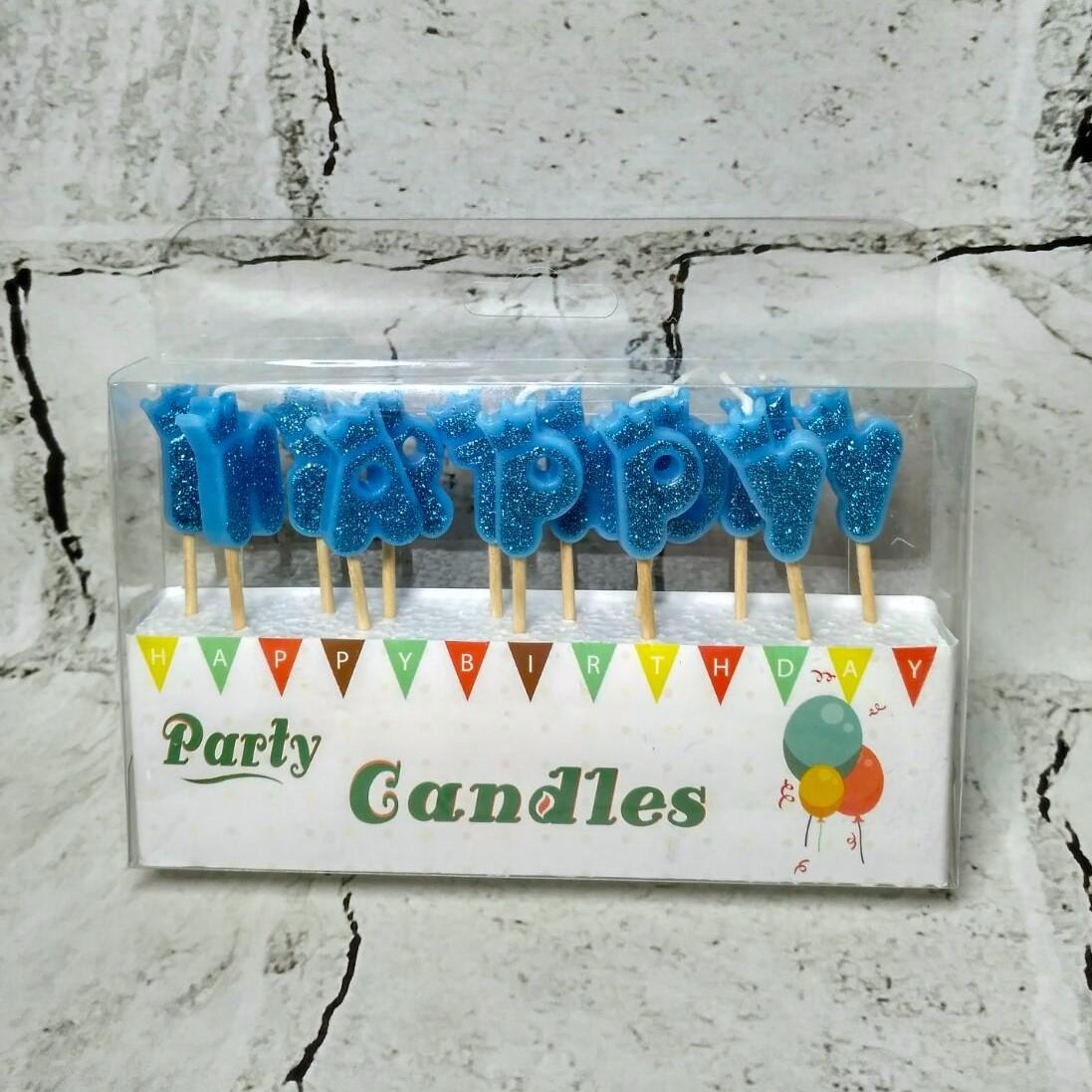 Свечи в торт буквы Happy birthday в глиттере Голубой (031116-1)