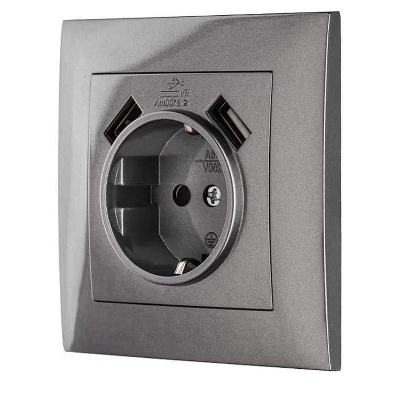 Розетка MARSHEL IDEAL 1-я с заземлением и двумя USB Графитовый (RS16-472)