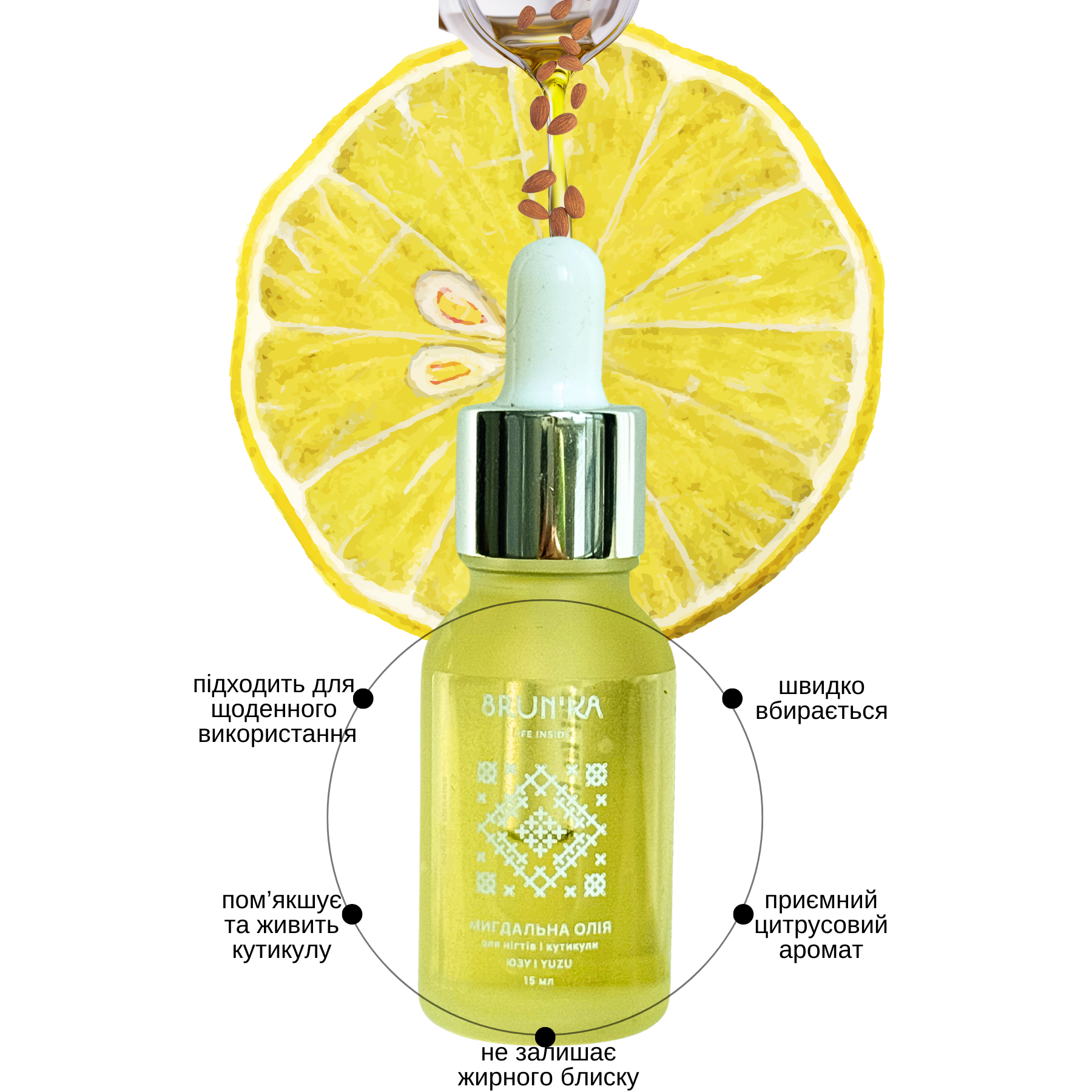 Олія мигдальна BRUN'KA для нігтів і кутикули ЮЗУ/YUZU 15мл