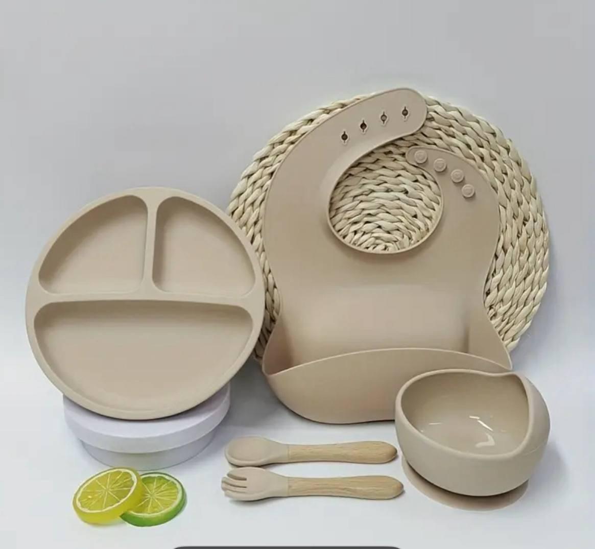 Дитячий набір посуду для годування 5в1 силіконовий Бежевий (Е051502) - фото 2