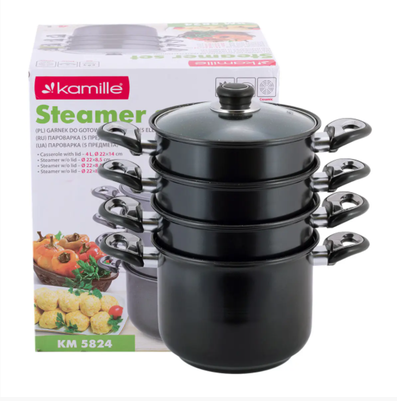 Пароварка Kamille KM-5824 4-х уровневая из углеродистой стали для приготовления пищи для индукции и газа 4 л (NA001705)