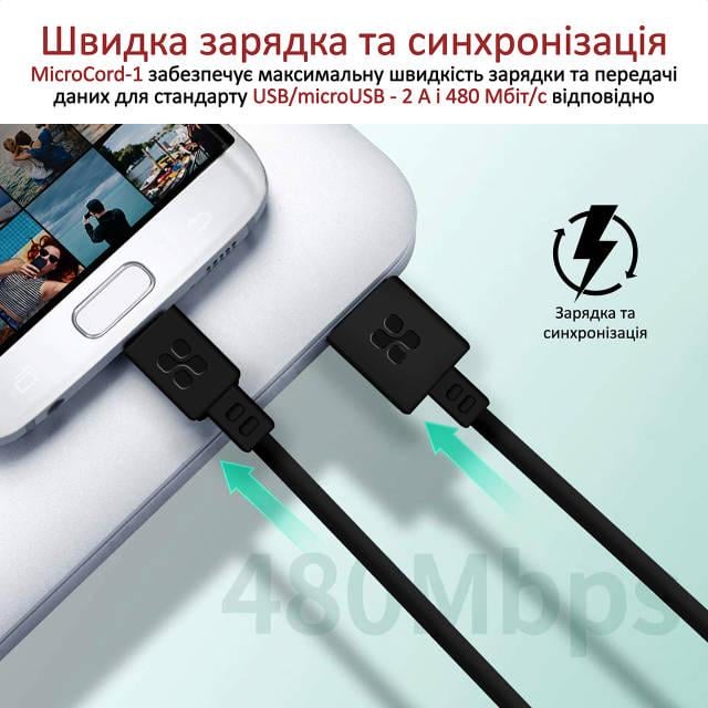 Кабель Promate MicroCord-1 USB-microUSB 2А 1,2 м Black - фото 2