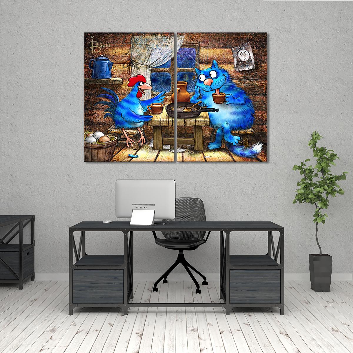 Модульная картина Кот и петух беседуют о любви 2 модуля 40х60 см