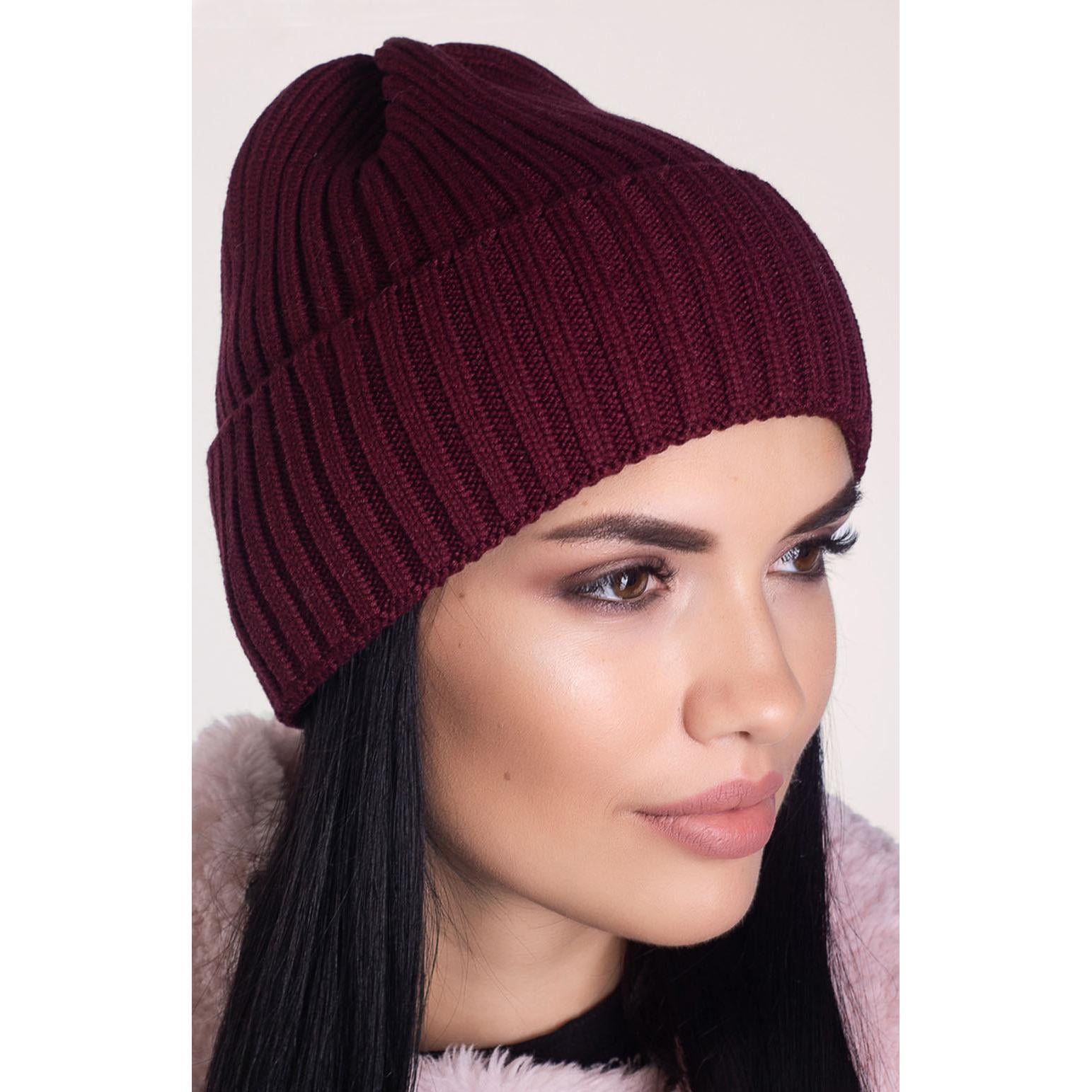 Шапка женская шерстяная с отворотом Leks Марка L р. 57-58 Бордовый