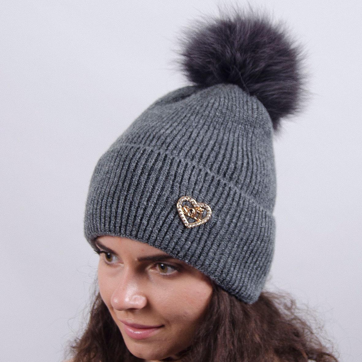 Шапка Sofi SF 0 з хутряним помпоном Темно-сірий